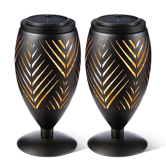 Glitzhome® 8.75" Set of 2 LED Black Metal Chevron Cutout Solar Powered Outdoor Lantern